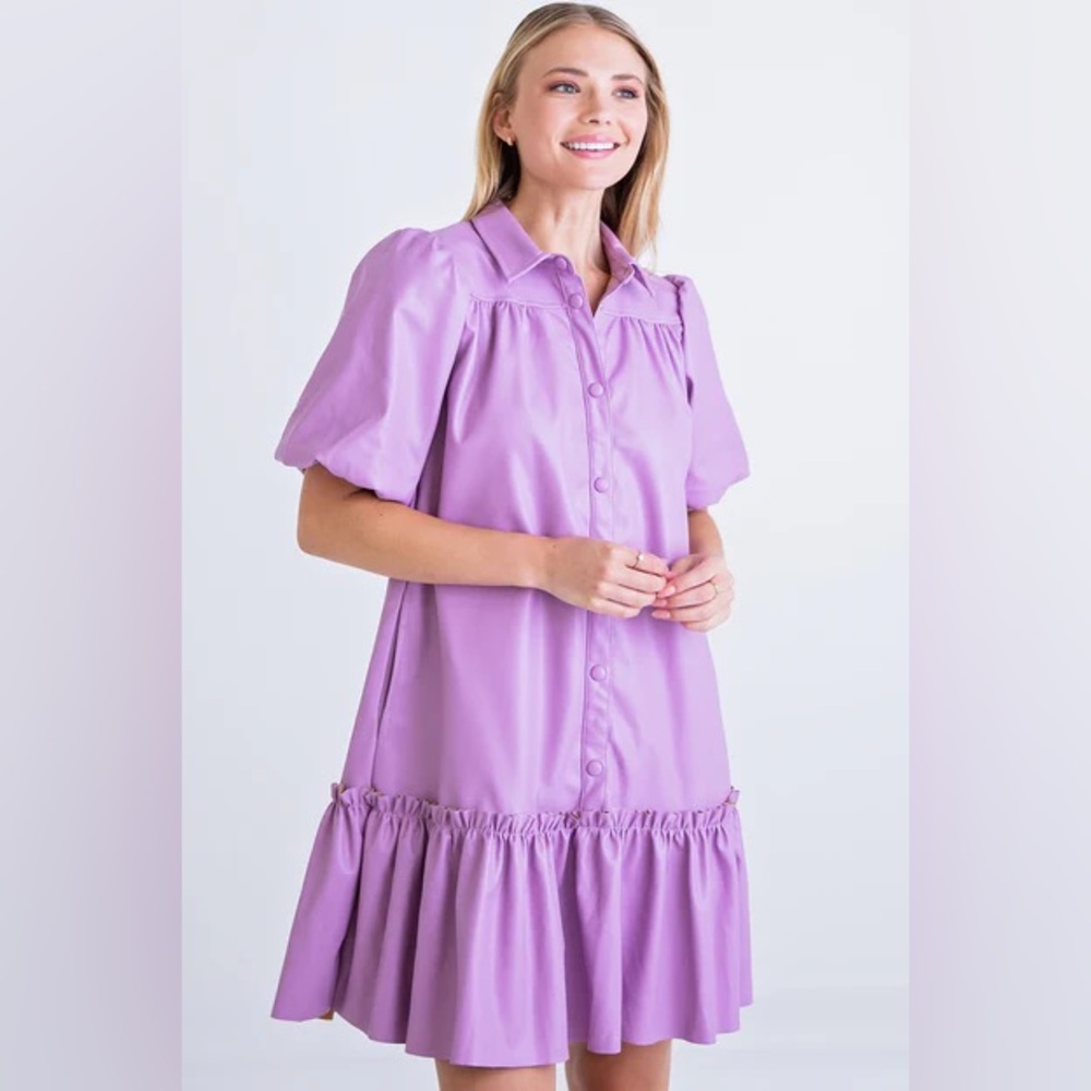 Karlie Women's Lavender Purple Puff Sleeve Faux Leather Ruffle Dress Medium